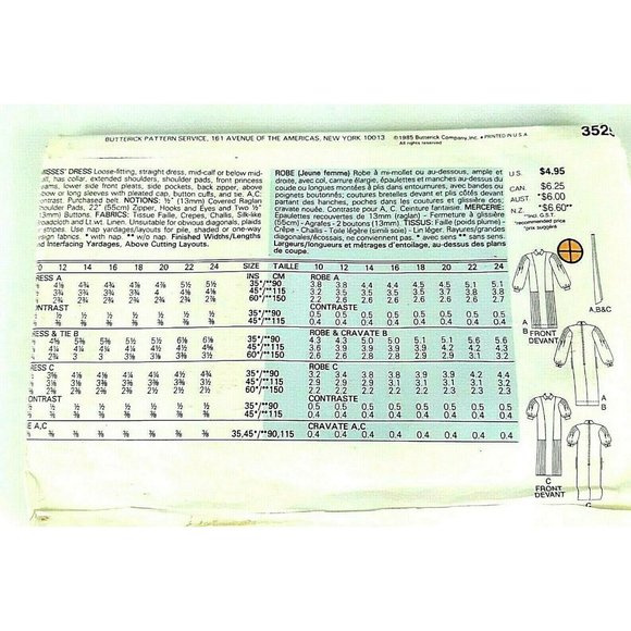 Butterick 3525 Dress Size 18 Uncut Sewing Pattern - Picture 2 of 2